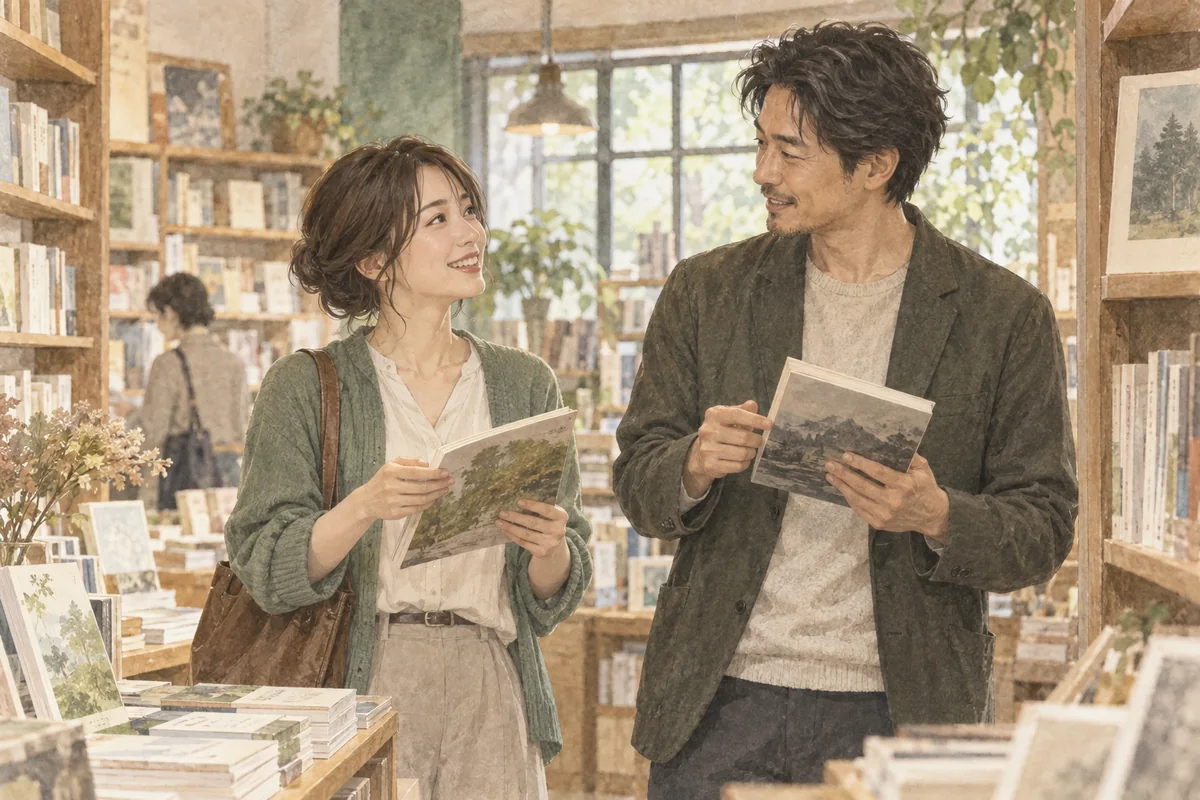 書店で共通の興味について会話を楽しむ成人の男女