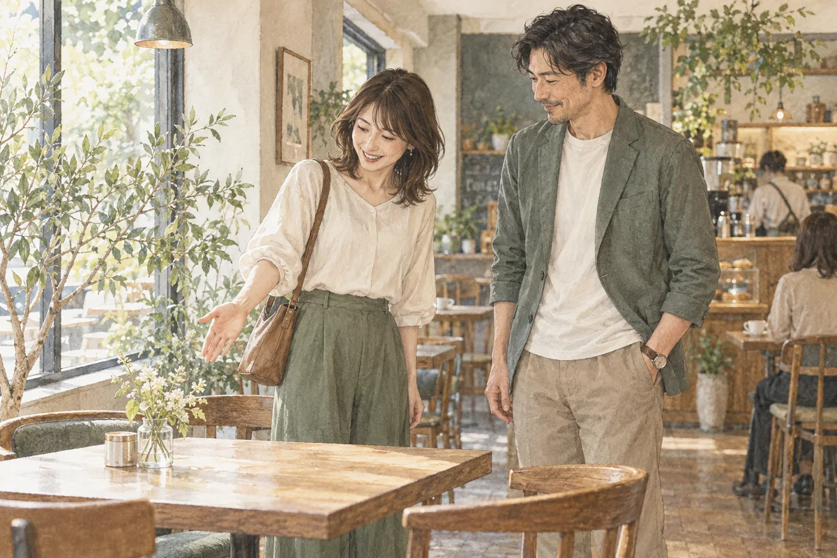 女性の希望する席について耳を傾ける成人男性
