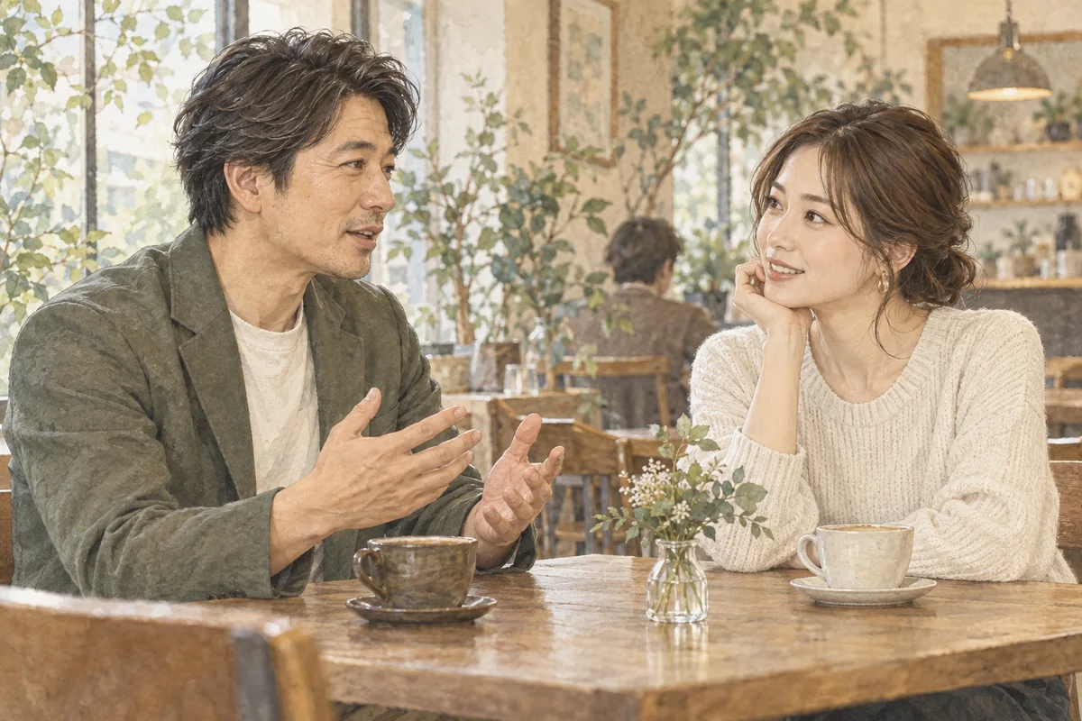 カフェで好みについて落ち着いて話す成人の男女