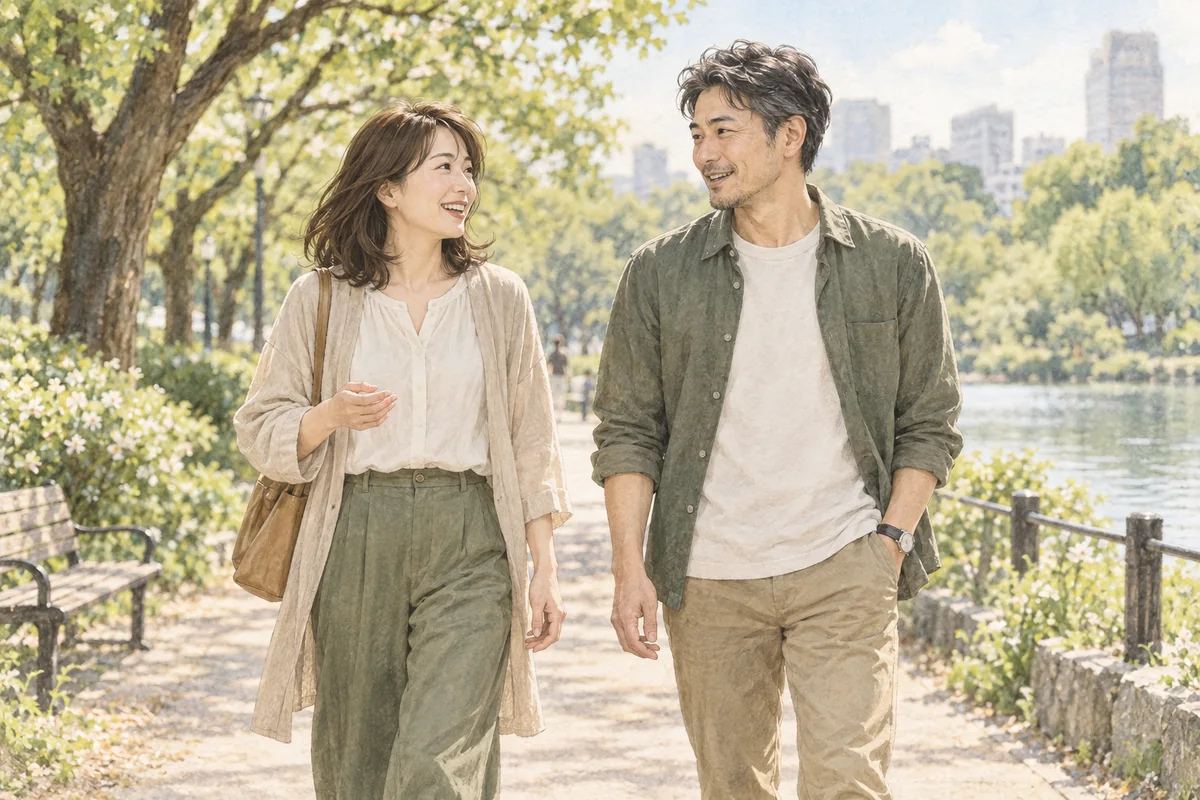 公園で並んで会話しながら歩く成人の男女