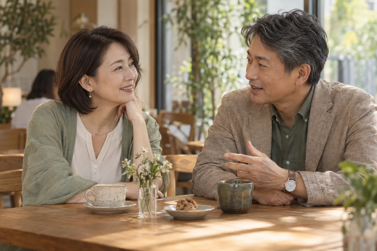 落ち着いたカフェで穏やかに語り合う50代の男女