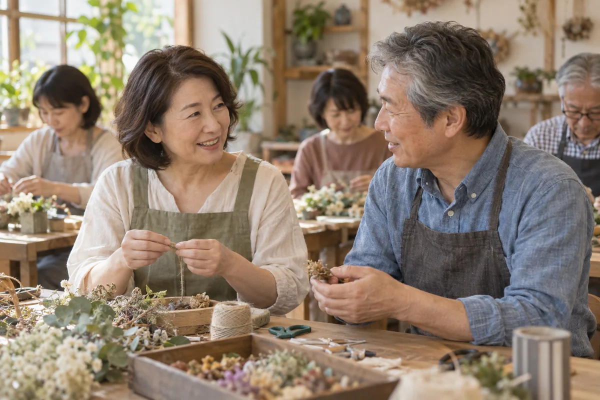 趣味の集まりで自然に会話を始める50代の男女