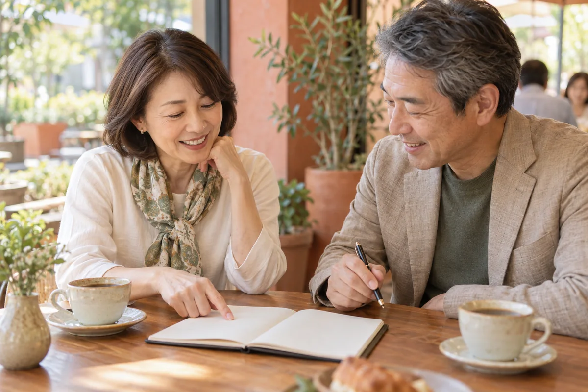 次の食事の予定を笑顔で相談する50代の男女