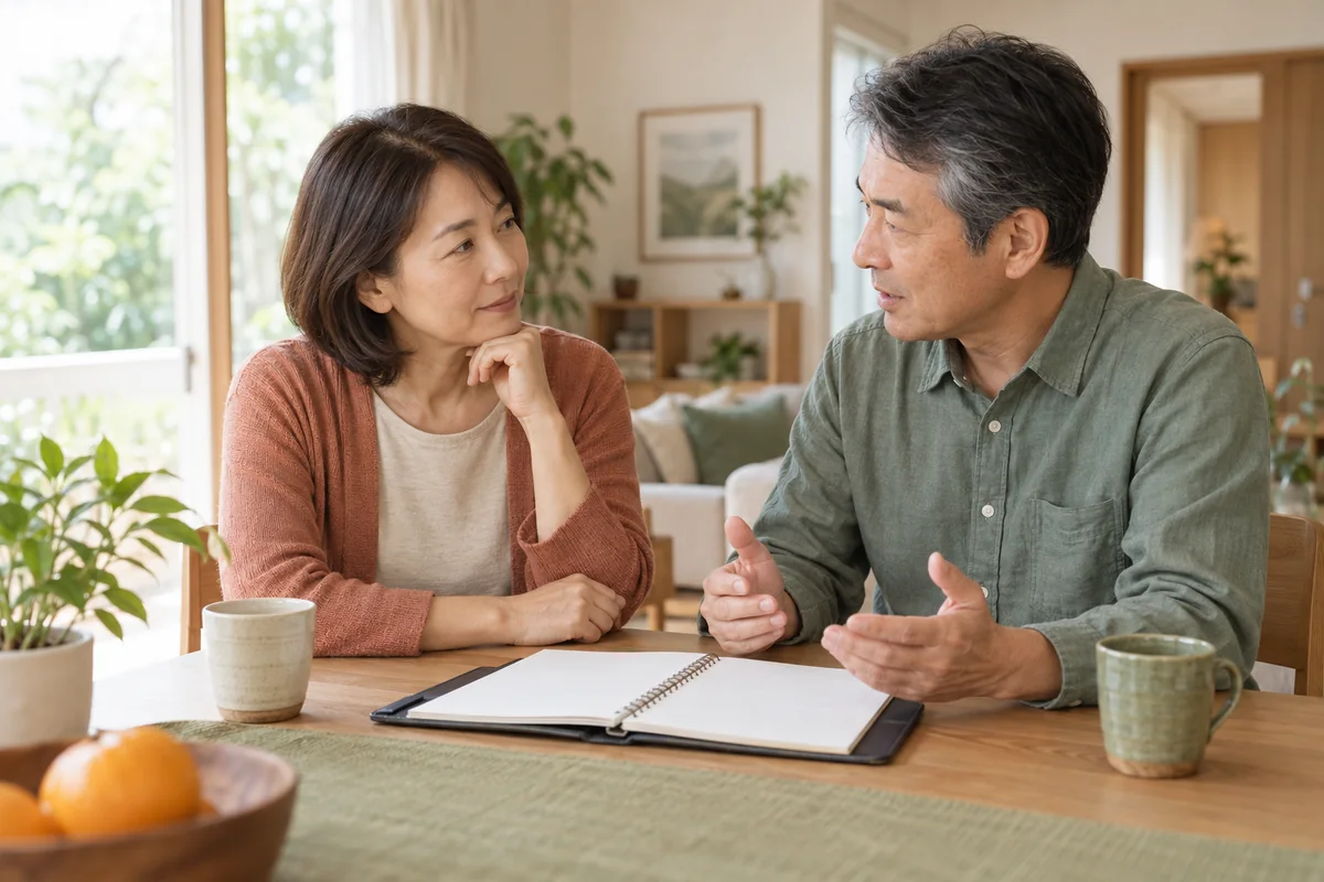 再婚後の暮らしについて手帳を見ながら話し合う50代の男女