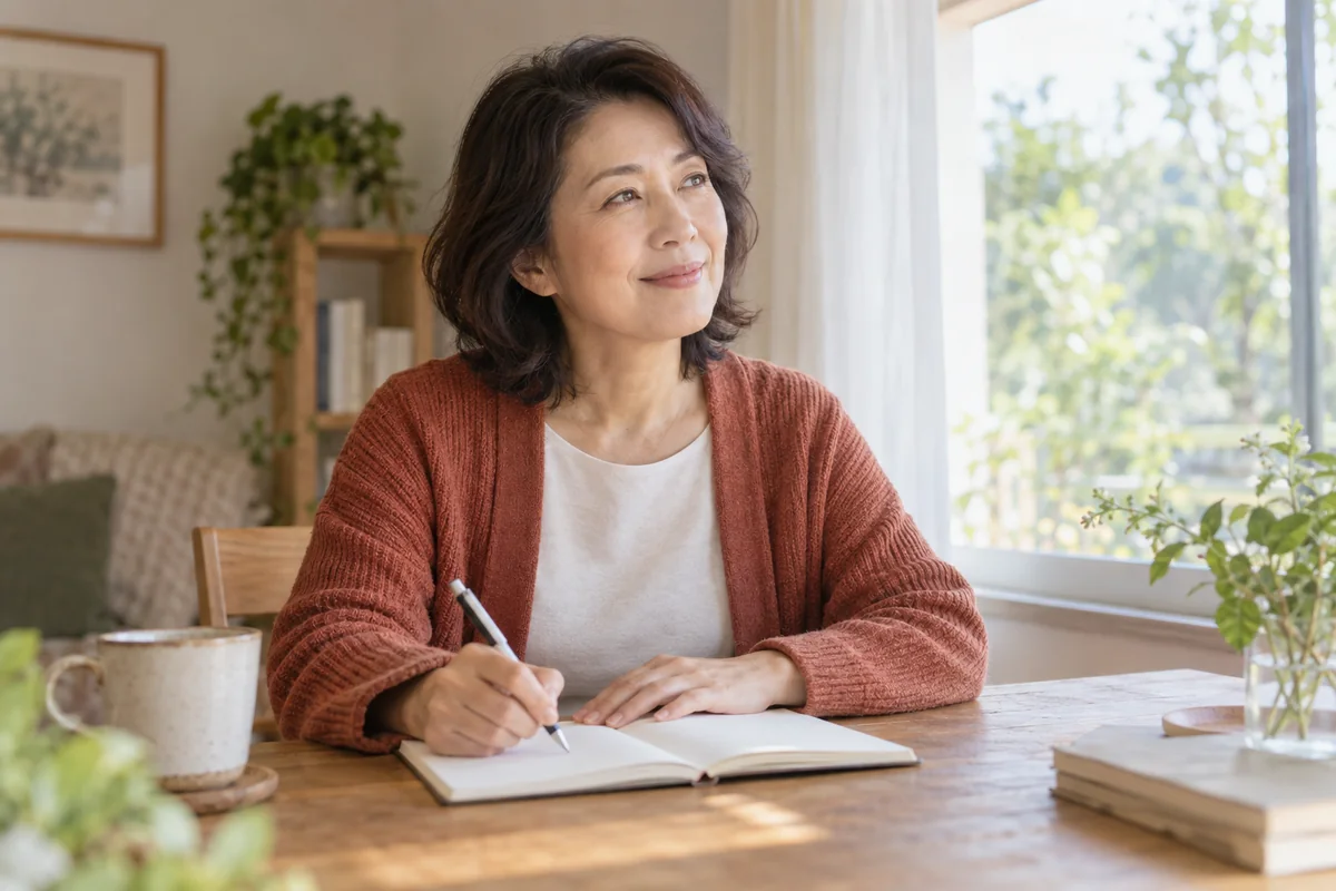窓辺で自分の気持ちをノートに整理する50代の女性