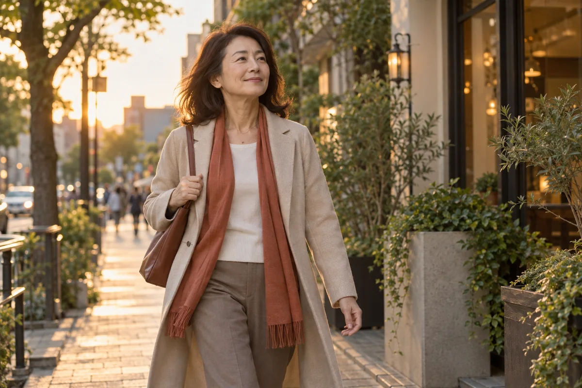 夕暮れの街を笑顔で歩き出す50代の女性