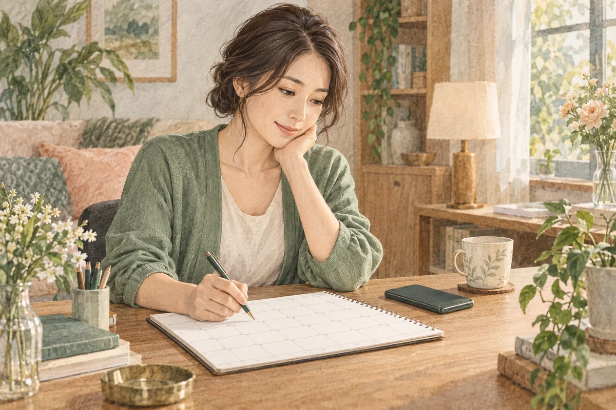 大切な話の後に自分の予定を考える女性