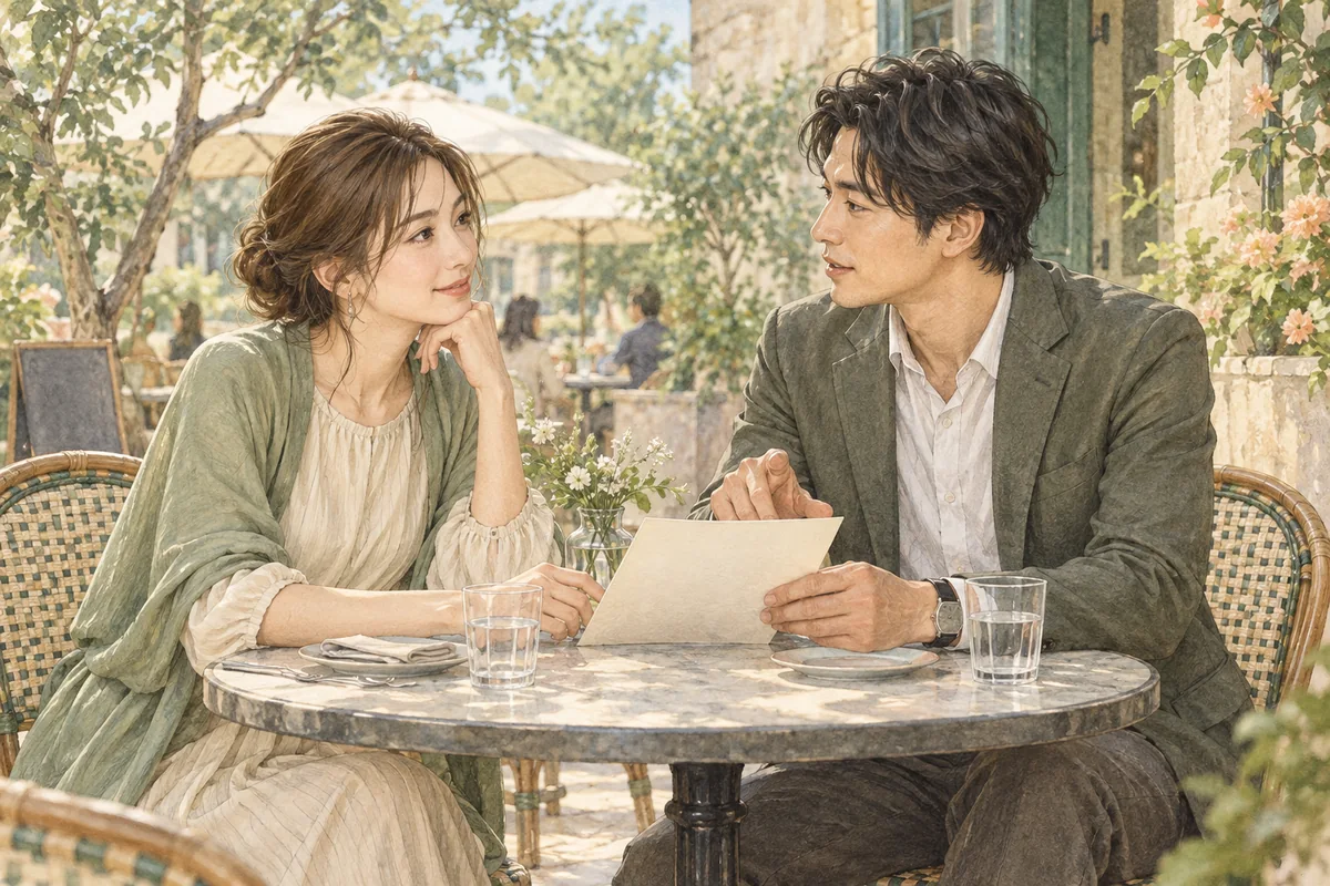 昼間のカフェで一緒に過ごす予定を話す男女