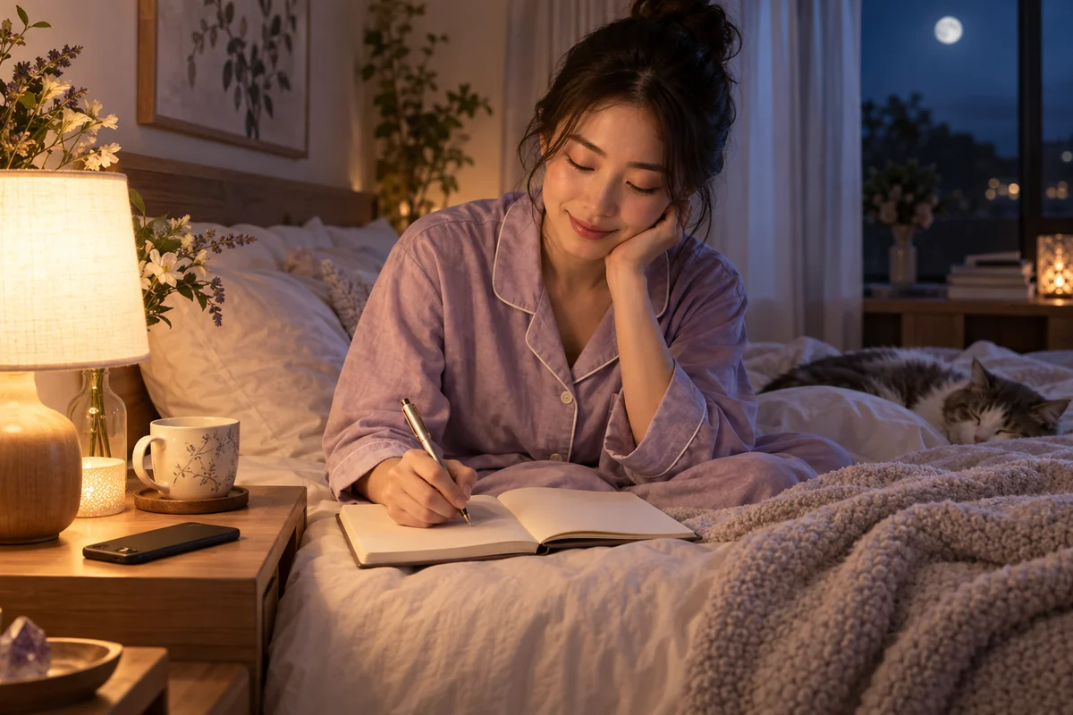 寝る前にスマートフォンを置いて恋の望みをノートへ書く女性