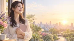朝の光の中で恋の一歩を決意する女性