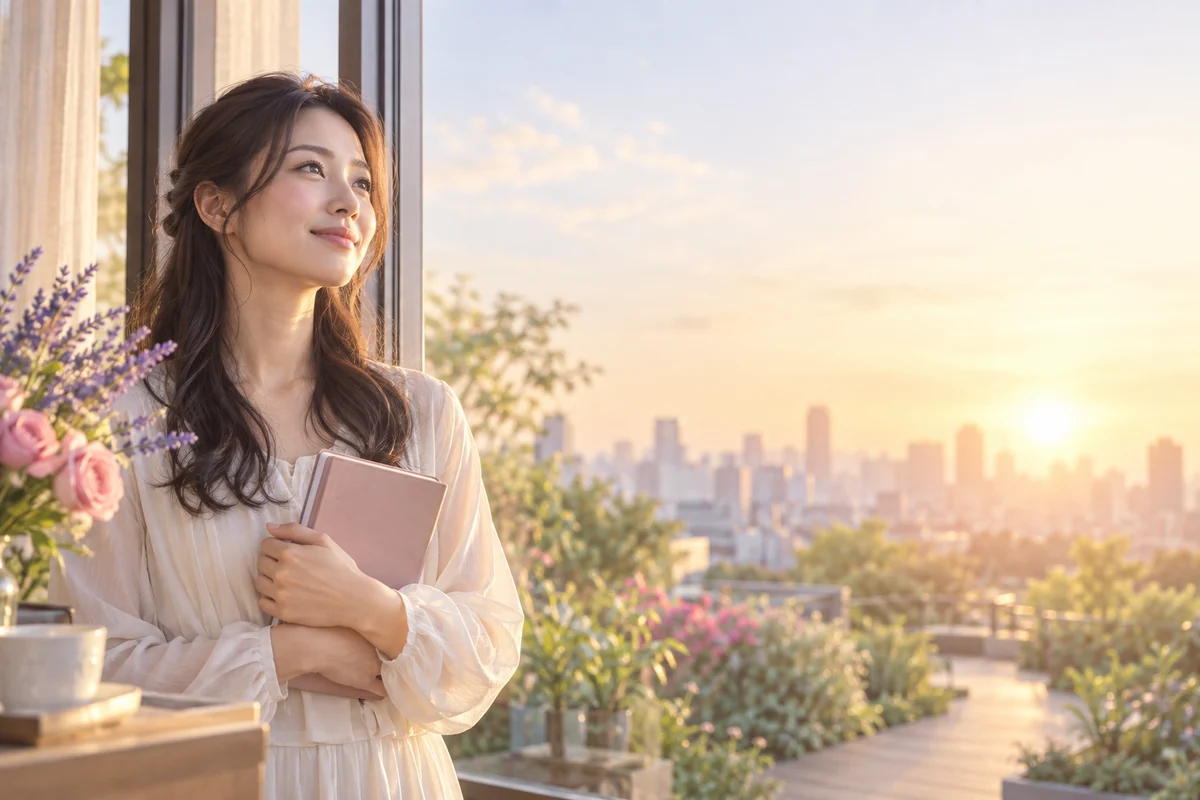 朝の光の中で恋の一歩を決意する女性