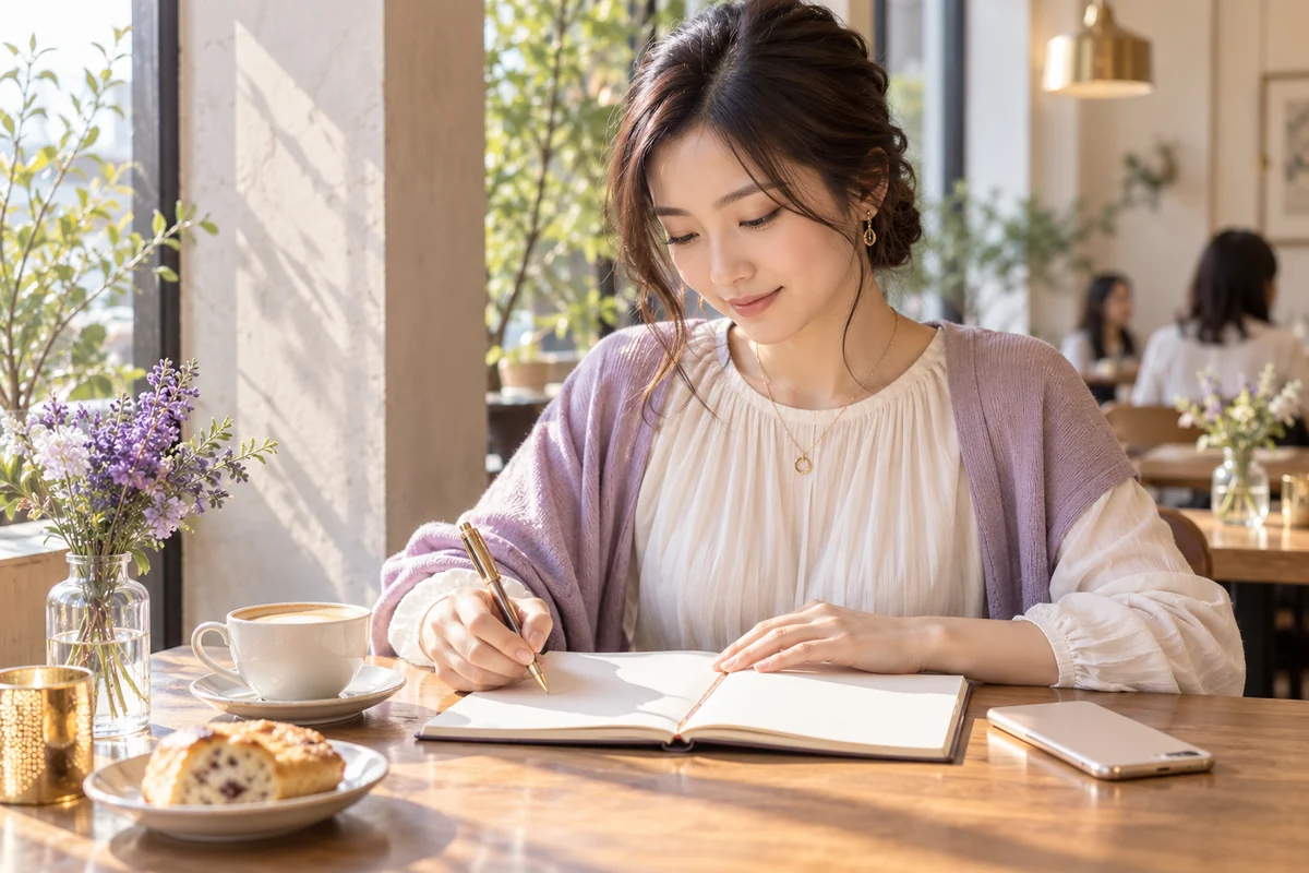 ノートに恋を進める行動を書き出す女性