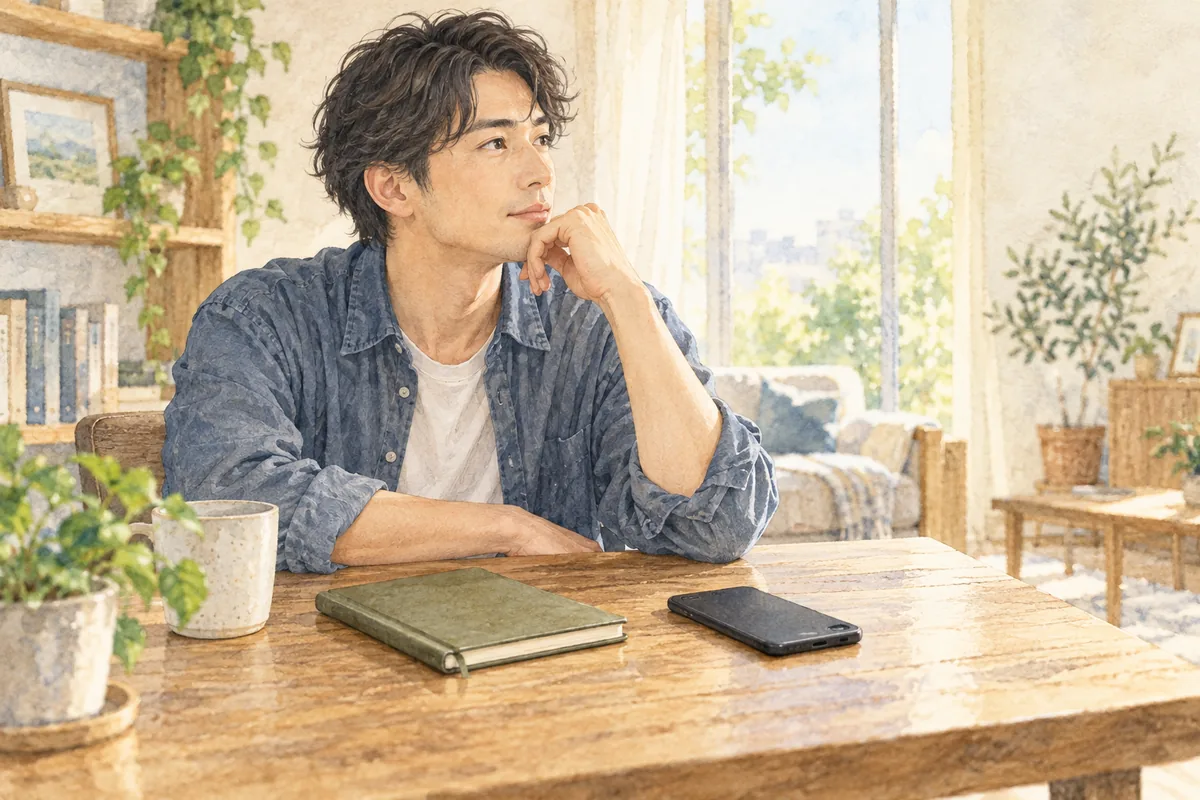 スマートフォンを伏せ、連絡を送る前に気持ちを整理する男性