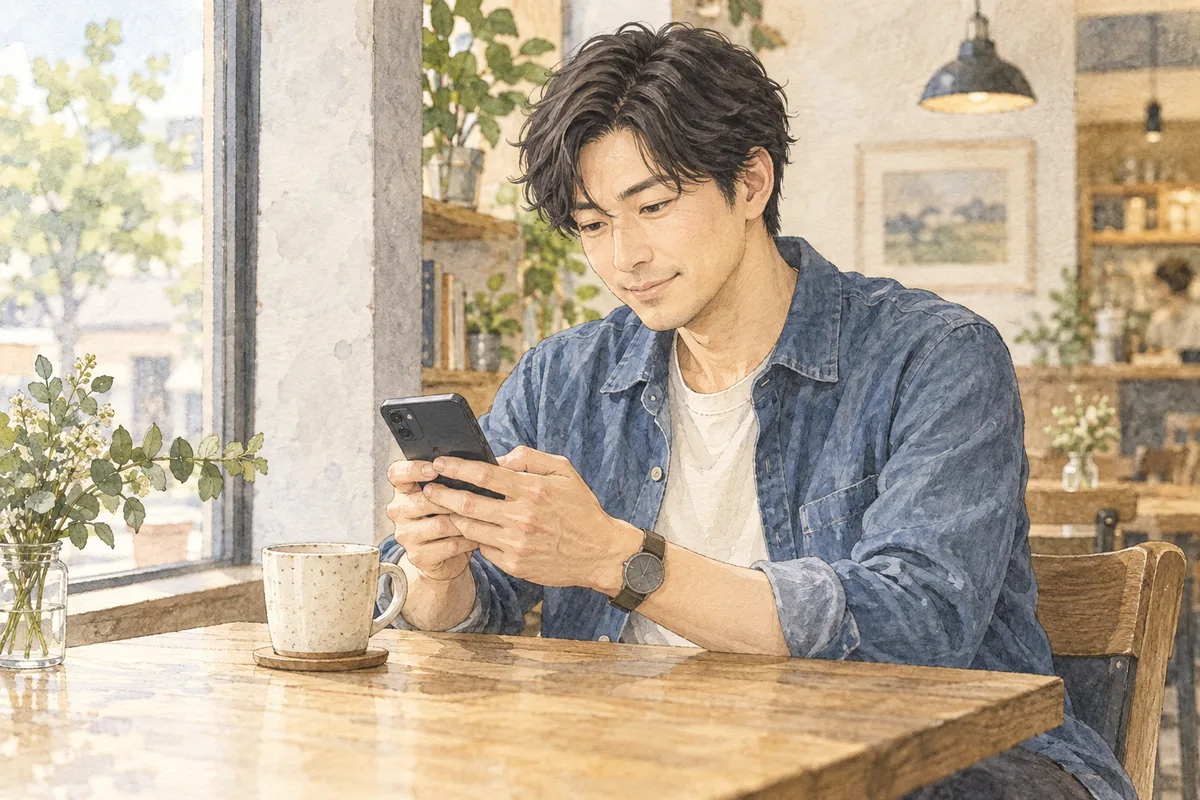 カフェで短い連絡文を落ち着いて考える男性