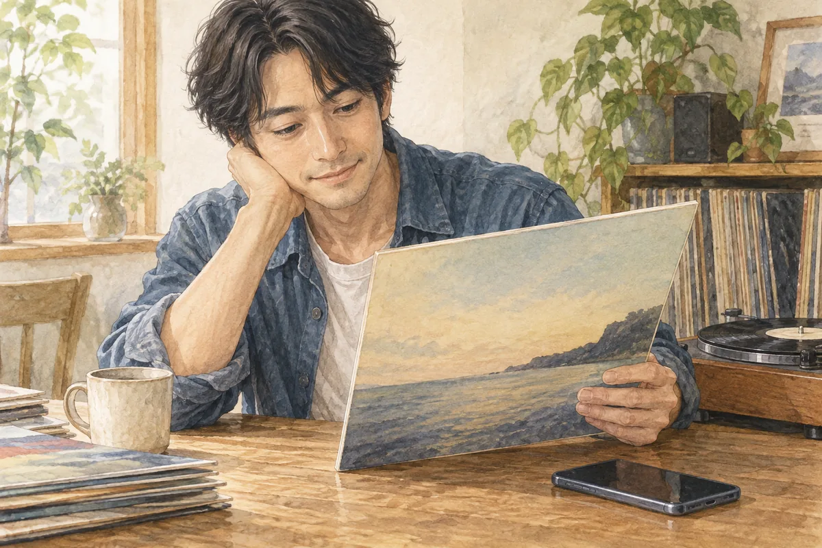 音楽作品を見ながら、共通の関心について自然な話題を考える男性