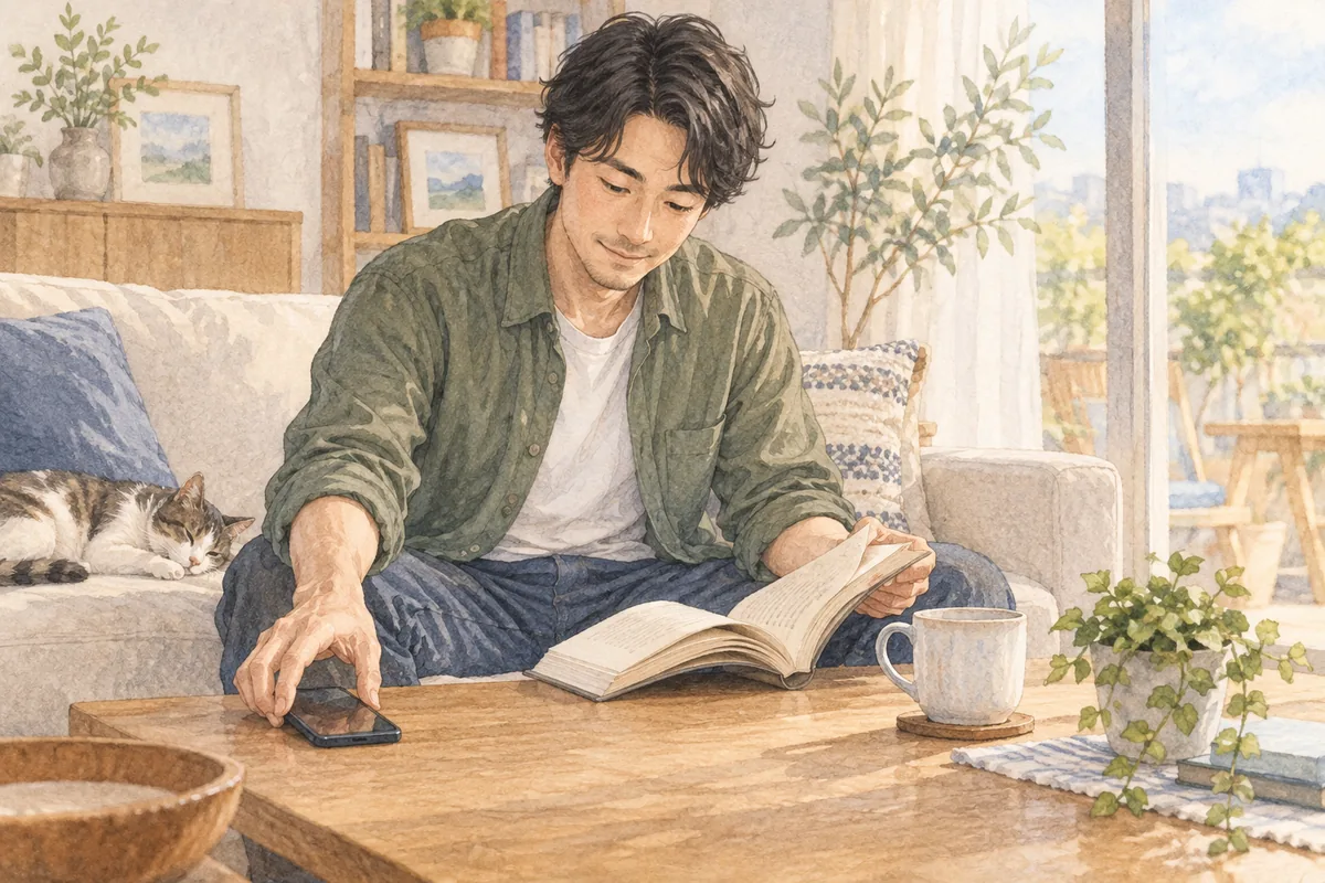 スマートフォンを置き、返事を待つ間も読書を続ける男性