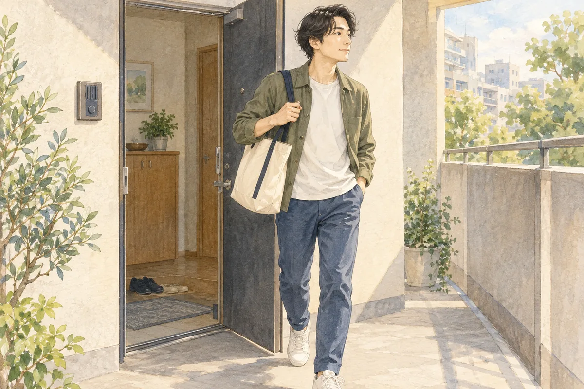 スマートフォンをしまい、自分の一日を過ごすために外出する男性
