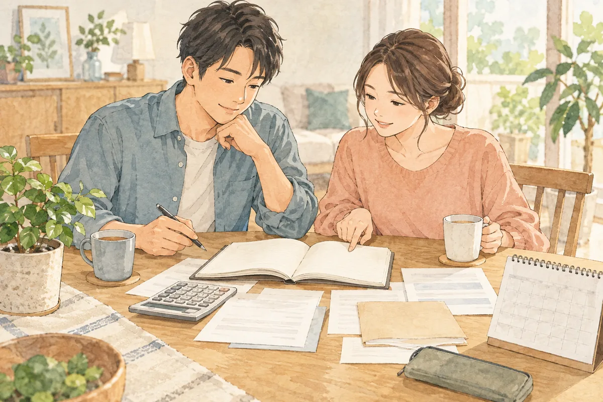 家計や予定をノートに整理し、これからの暮らしを相談するカップル