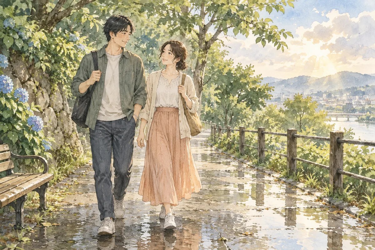穏やかな並木道を、無理のない歩幅で一緒に歩くカップル