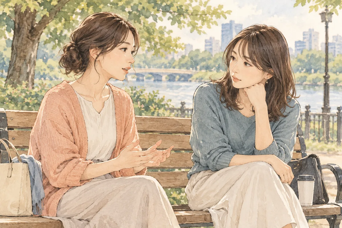 公園で友人の話を静かに聞き、周囲との関係について考える女性