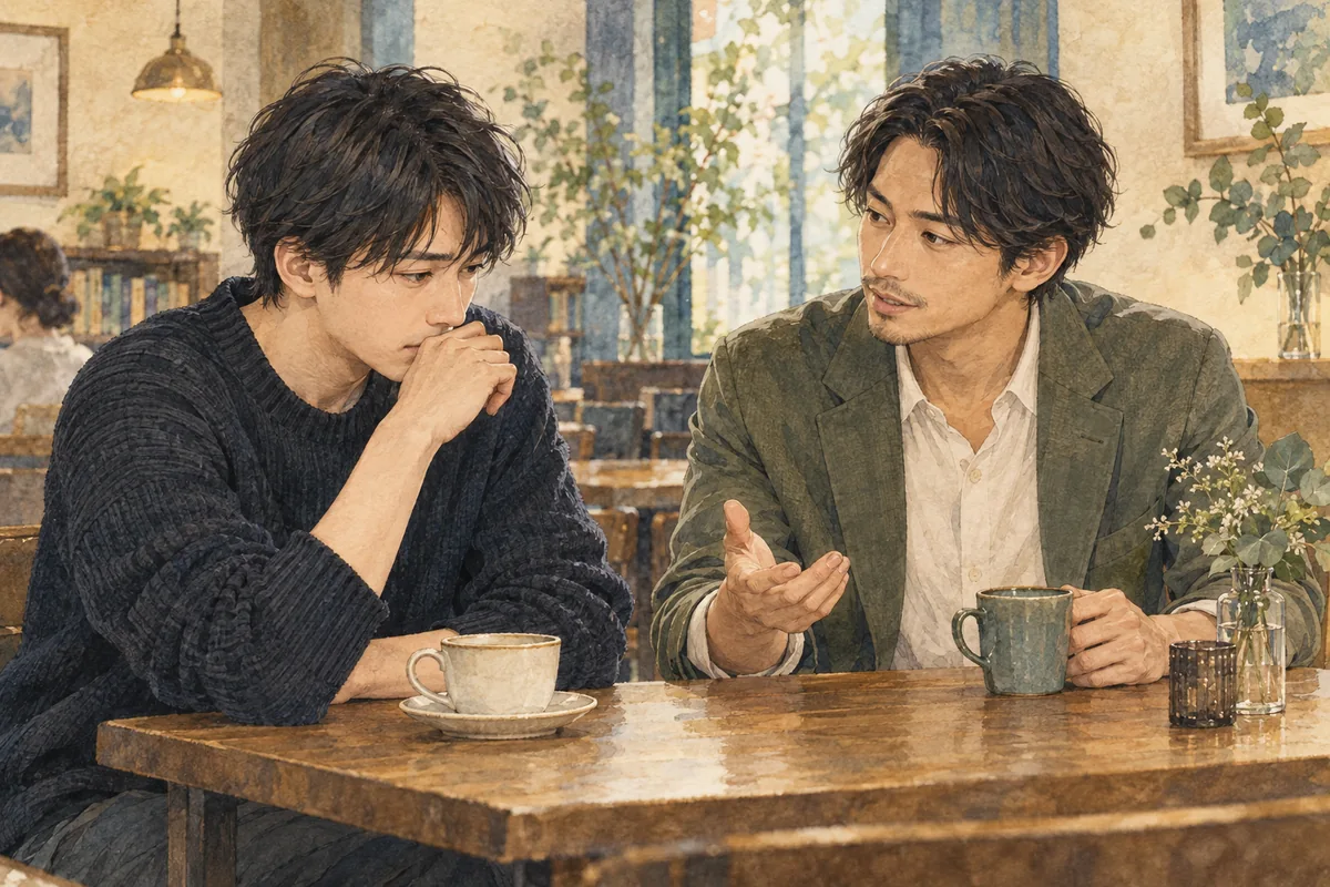 片思いの悩みを友人に話して整理する男性