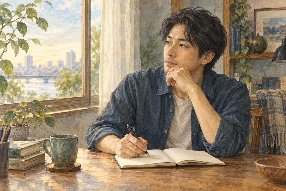 ノートに好きな気持ちを書き出して整理する男性