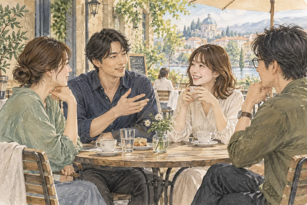 グループの友人として自然な距離で会話する男女