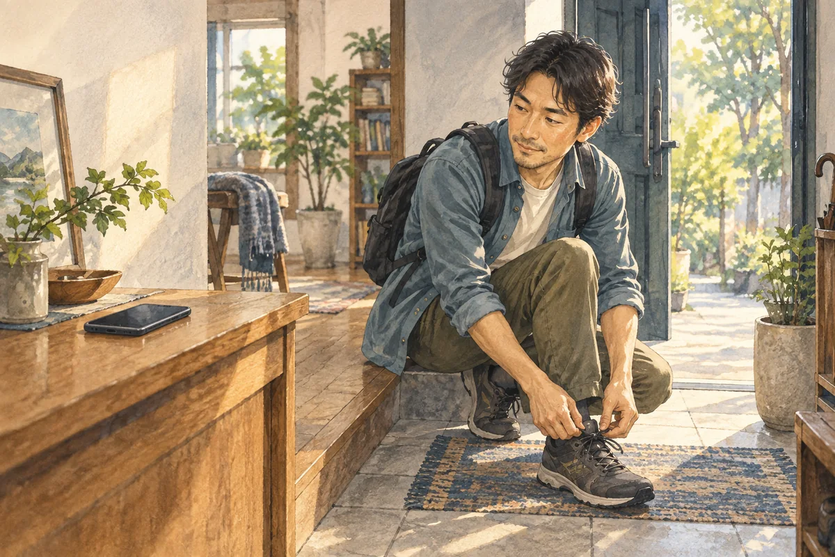 スマホを置いて自分の外出の準備をする男性