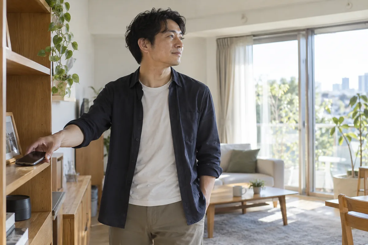 自分のスマートフォンを置き窓の明るい方へ向き直る男性