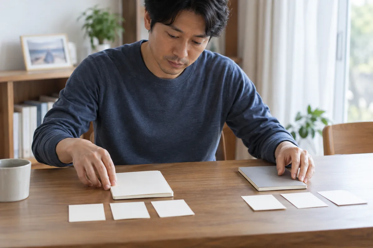 二冊のノートとメモを使い出来事と自分の行動を分ける男性の手元