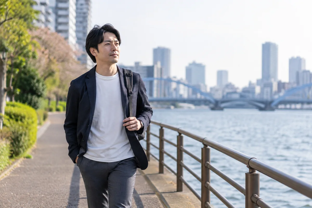 日中の川沿いの道を落ち着いた姿勢で歩く男性