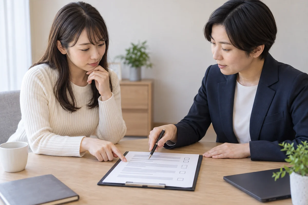 探偵契約の重要事項と追加料金を確認する女性