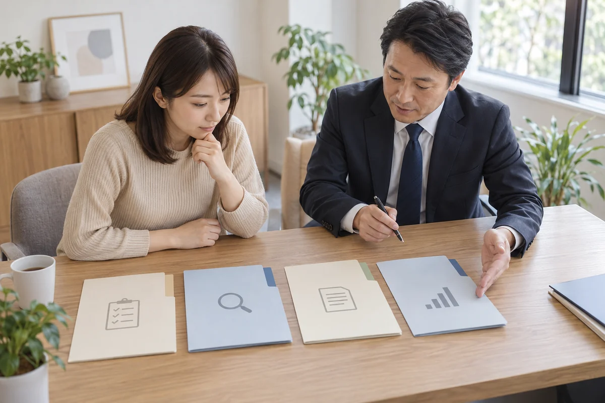 探偵への相談から見積もり契約調査報告までの流れを確認する女性