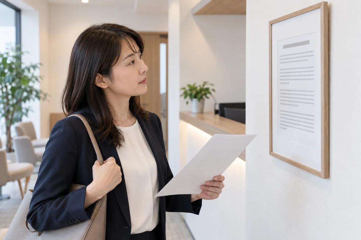 探偵業の標識と届出情報を確認する女性