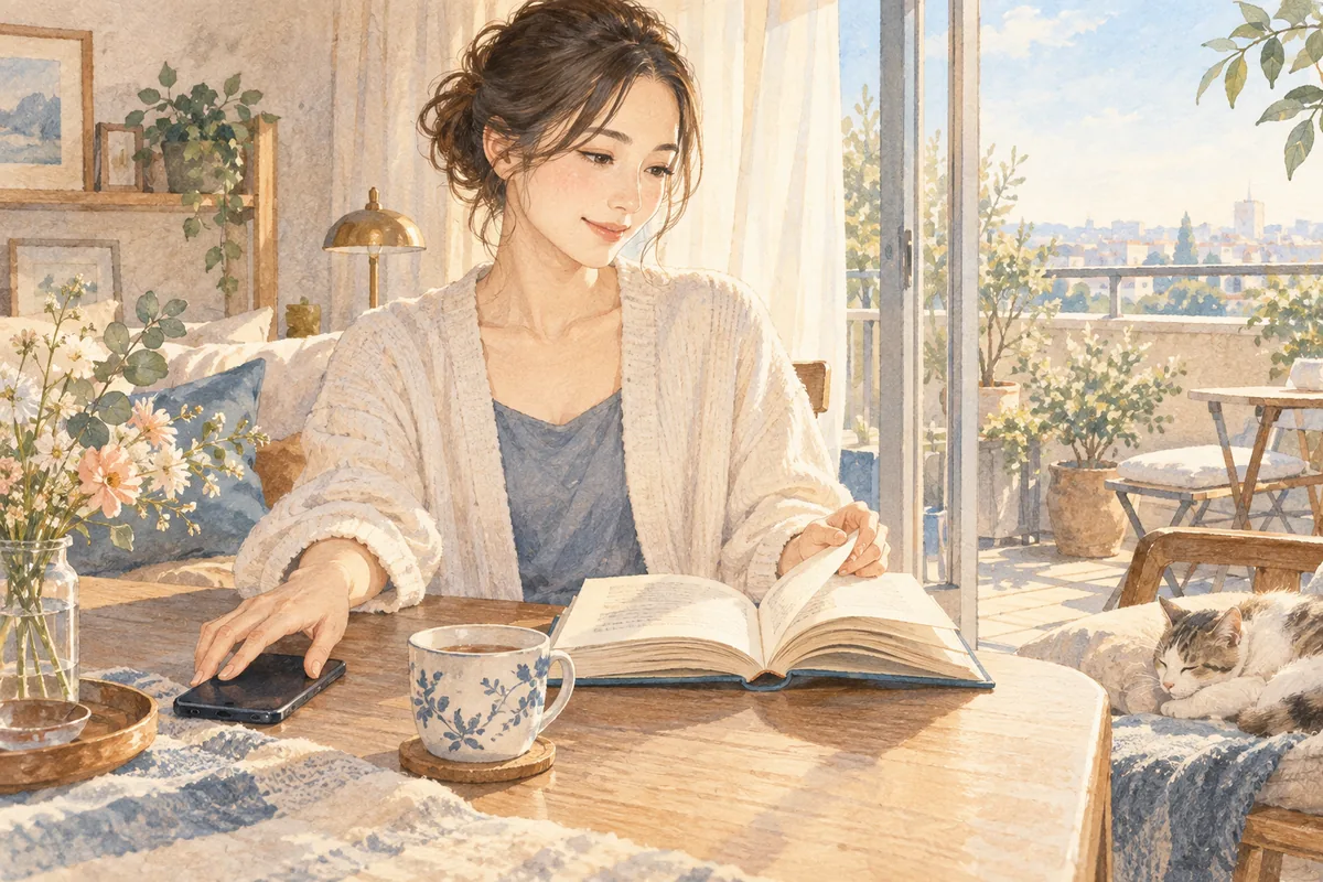 スマートフォンを伏せて本を開き、落ち着いて過ごす女性