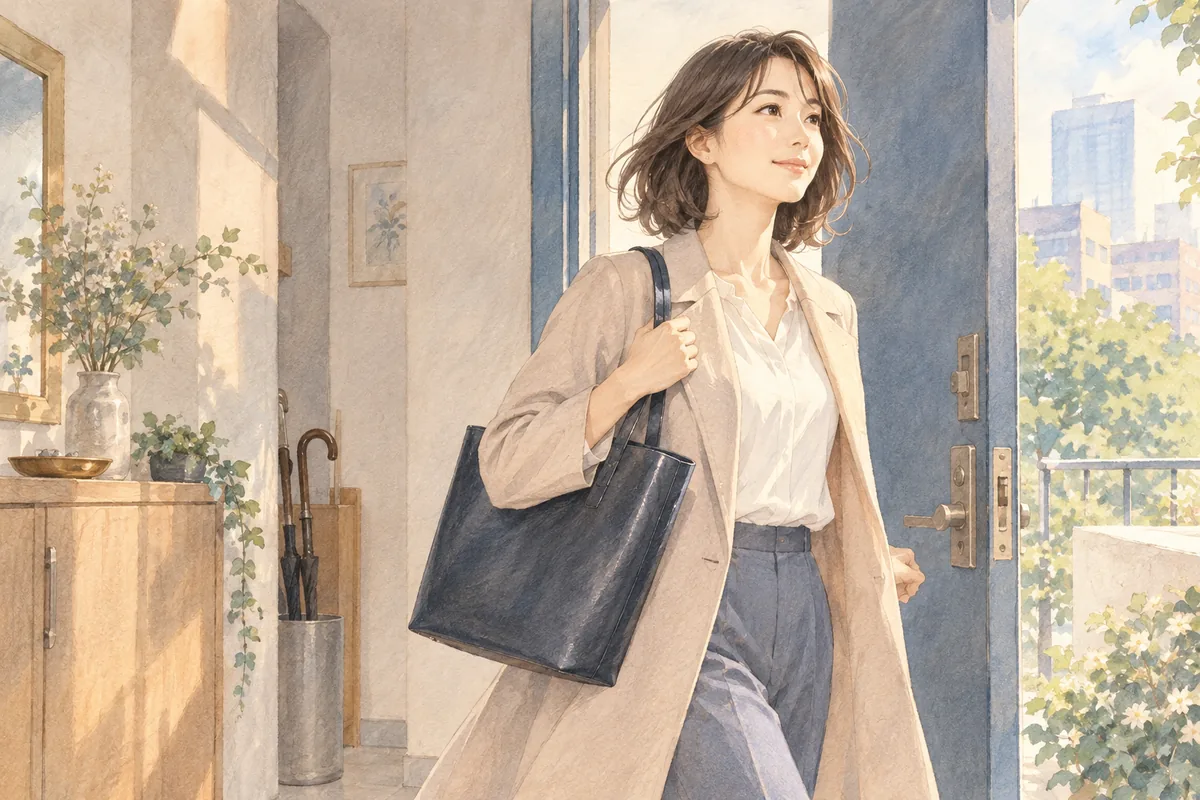 自分の日常の予定へ向かい、玄関を出る女性