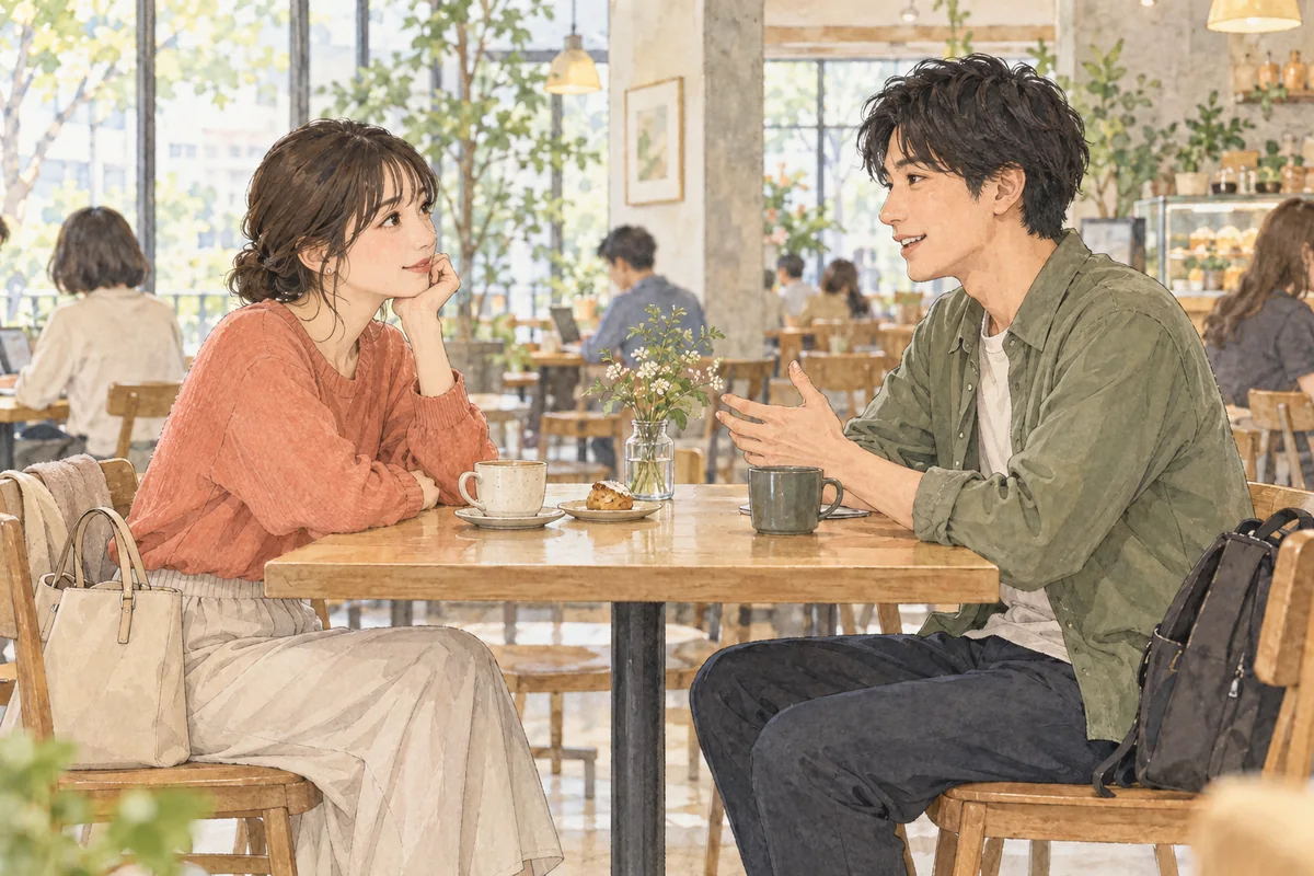 人のいる明るいカフェで無理のない距離を保って話す男女