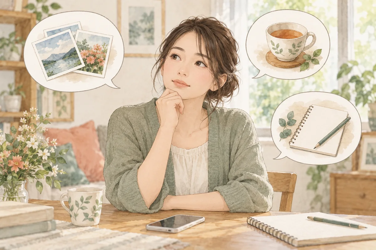 写真の印象や相手選びの疑問を落ち着いて考える女性