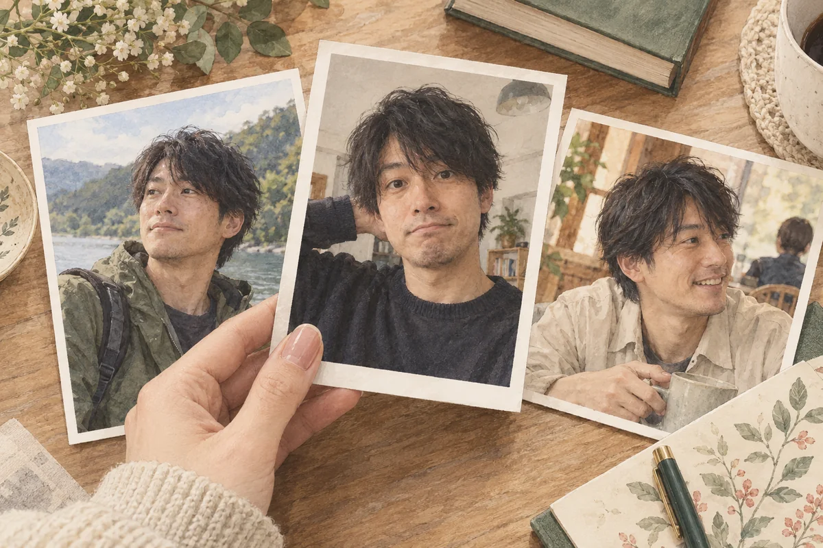 同じ男性でも光や表情で異なる印象になる三枚の写真