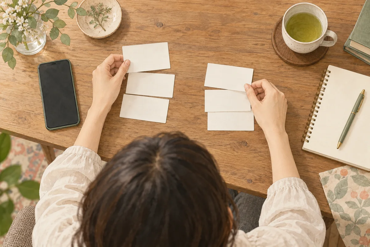 自分が大切にしたい条件をノートとカードで整理する手元