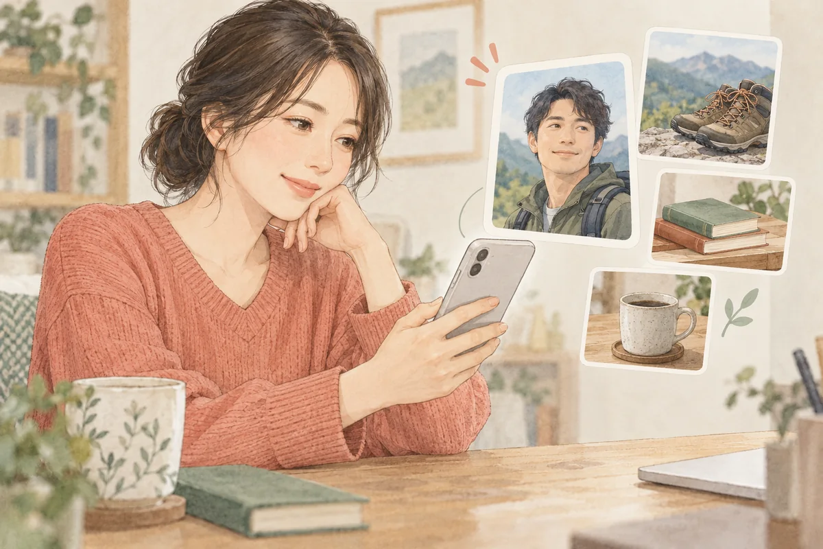 顔写真と趣味の情報を合わせてプロフィールを読む女性
