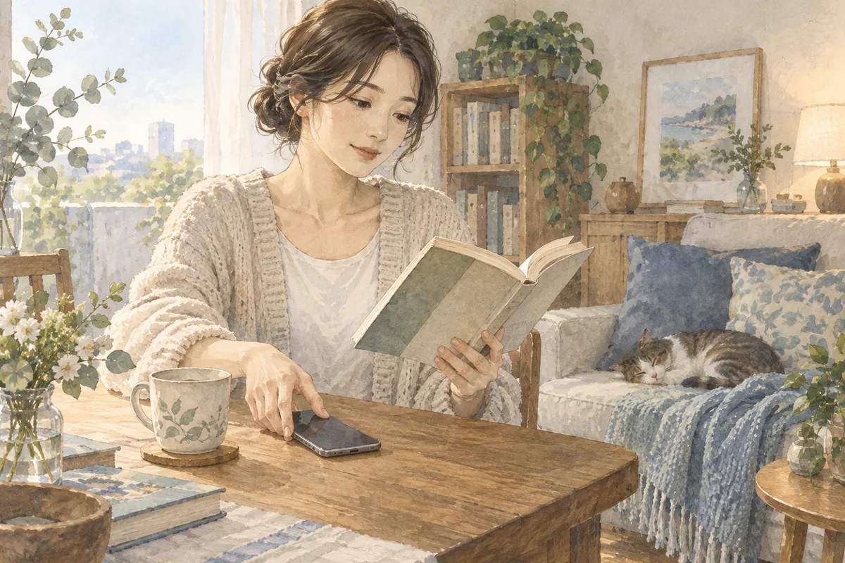 スマートフォンを置いて日常の読書に戻る女性