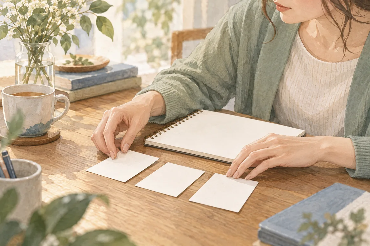 ノートとメモを並べて話す内容を整理する女性の手元