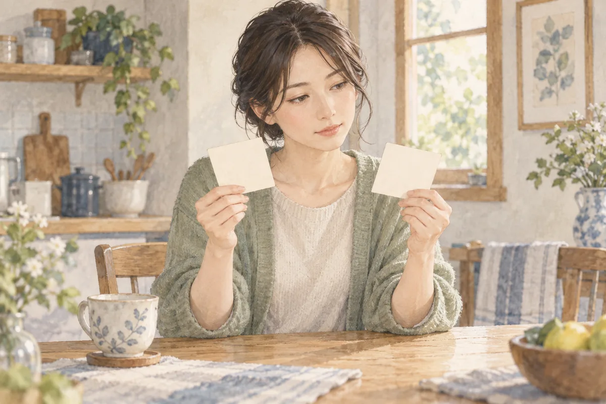 二枚のカードを前に謝罪と再交際の希望を分けて考える女性