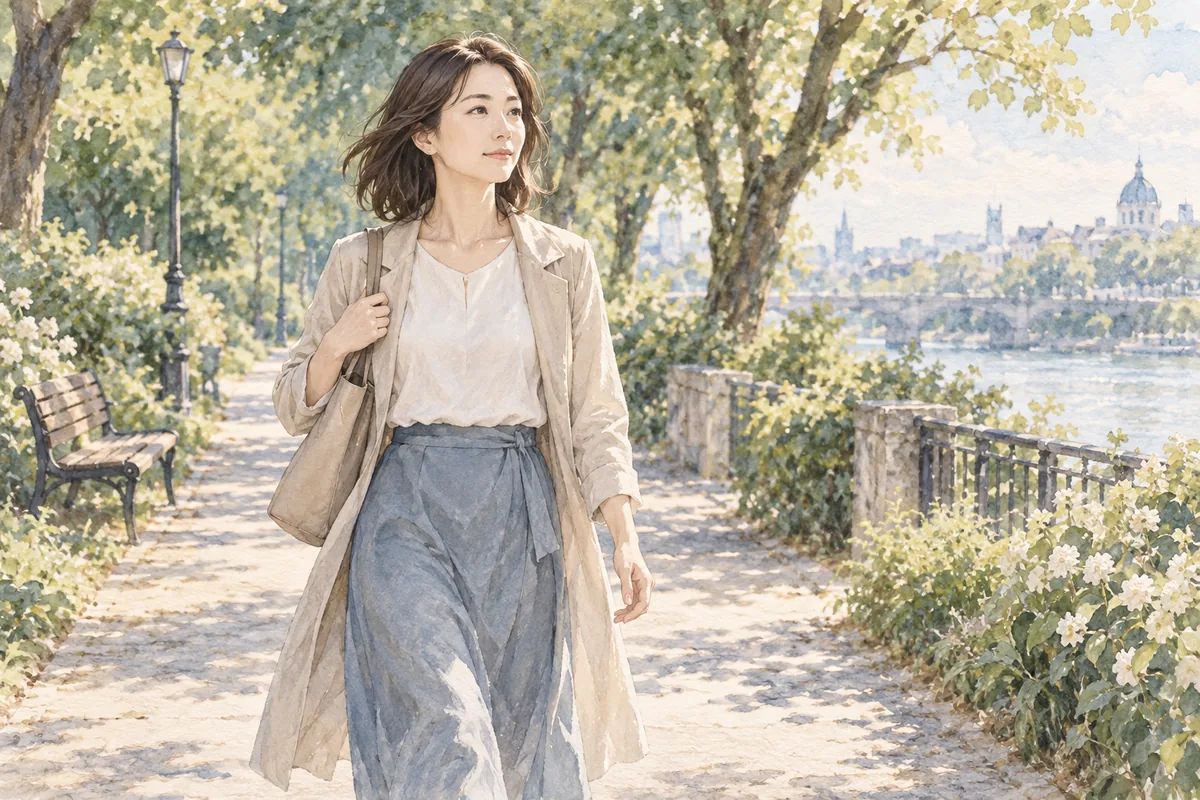 明るい公園の道を落ち着いた姿勢で一人歩く女性