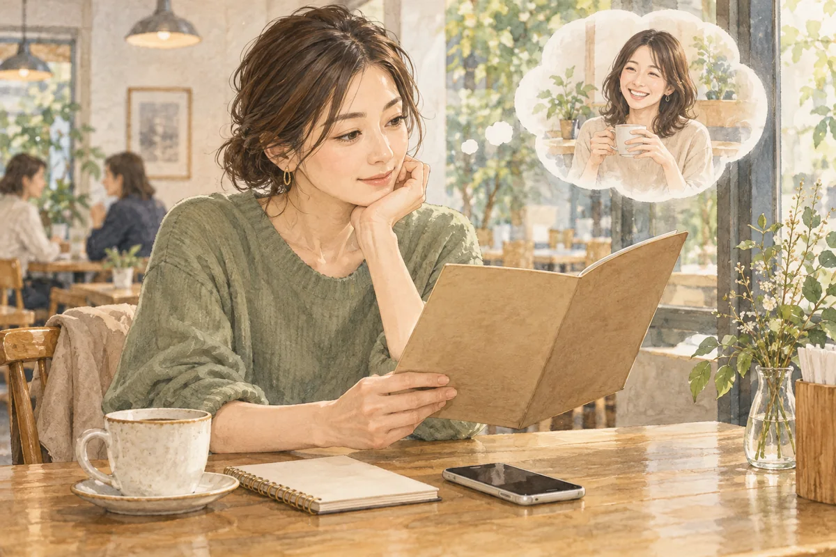 行きたいカフェを思い浮かべながら誘う言葉を考える女性