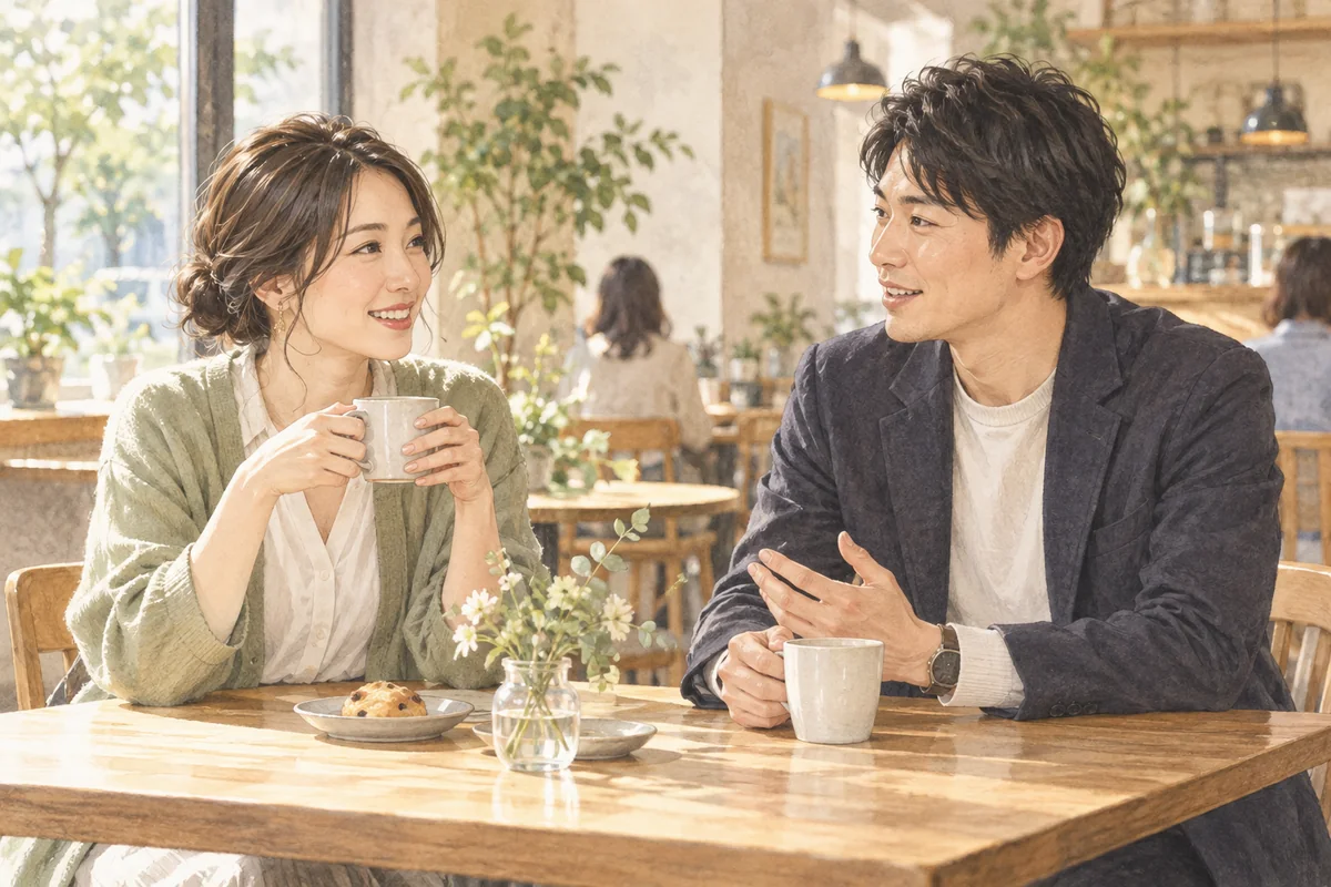 カフェで知人の男性と自然に会話する女性
