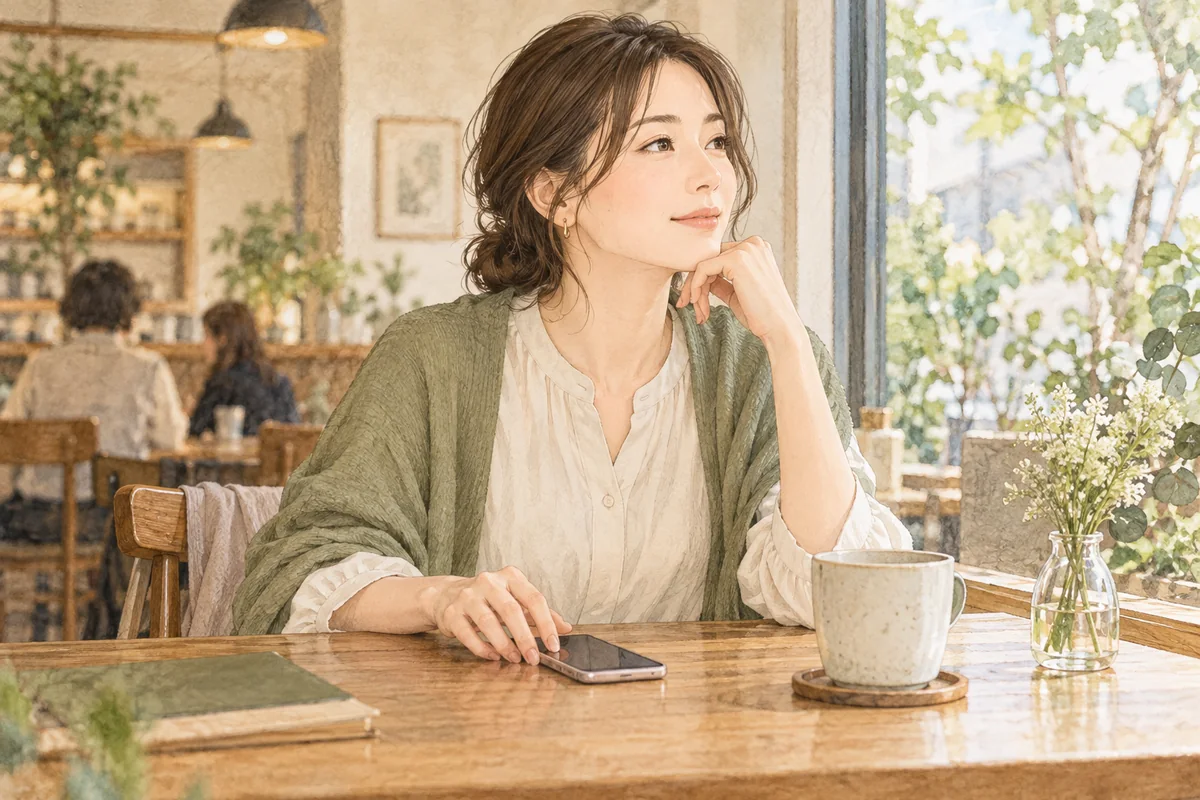 返事を急かさずスマートフォンを置いて落ち着く女性