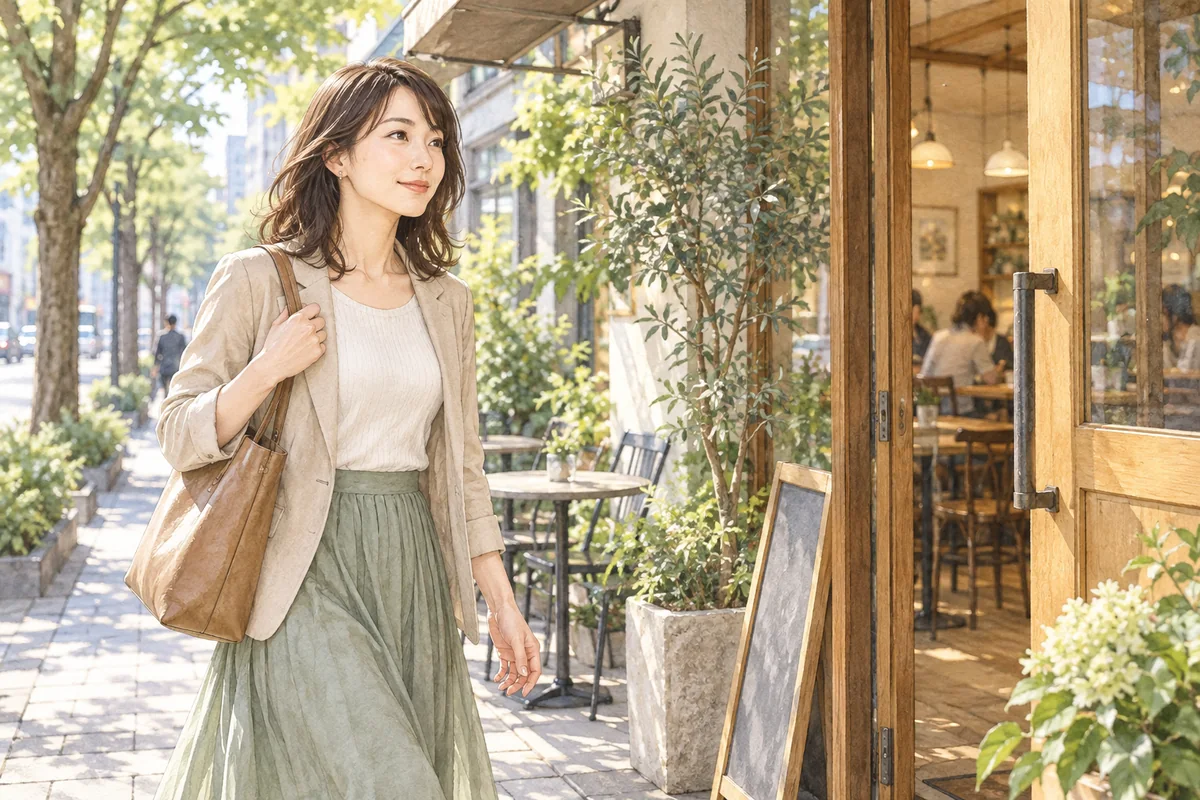 明るいカフェへ向かい一歩踏み出す女性
