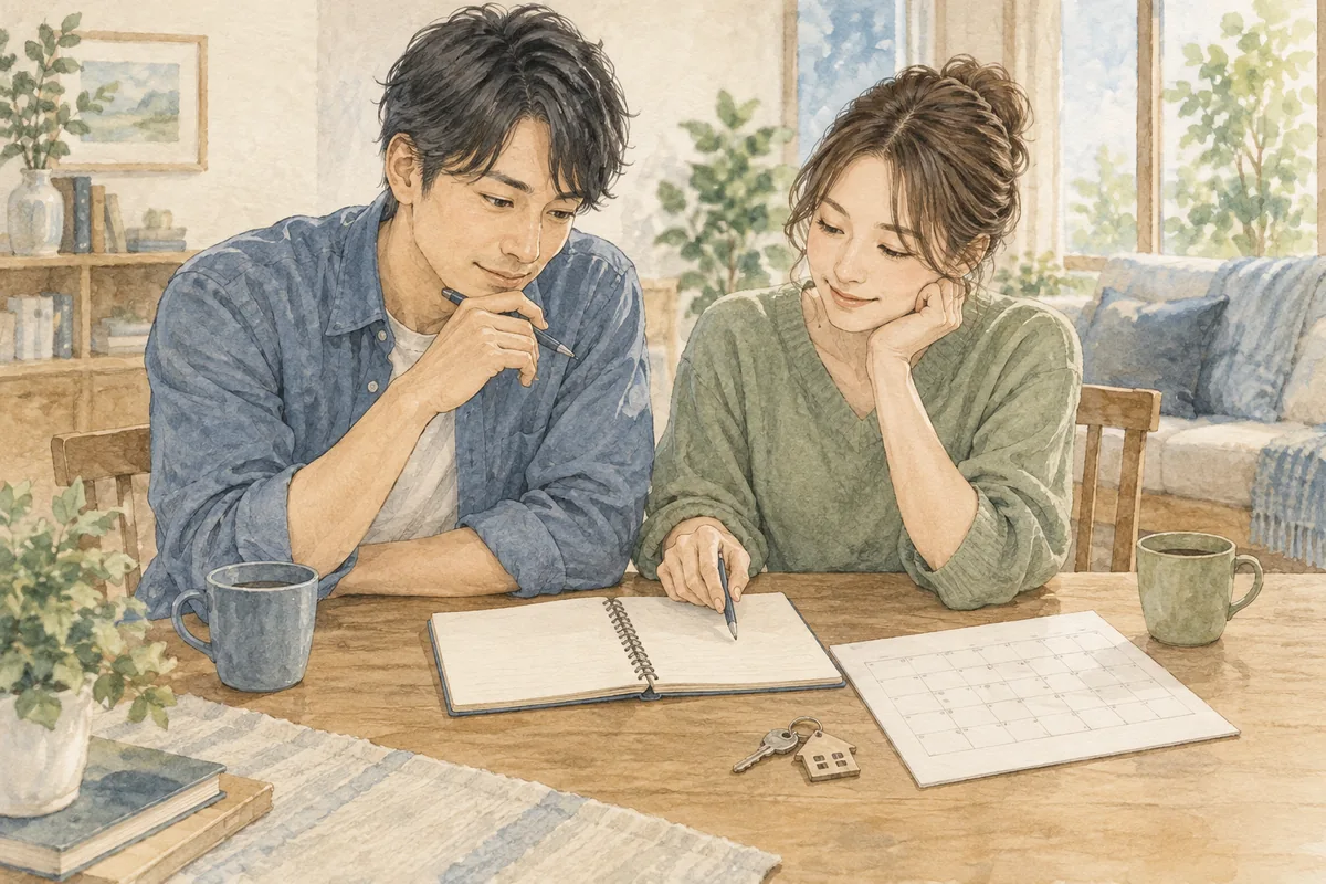 ノートを使って住まいや生活の計画を相談する二人
